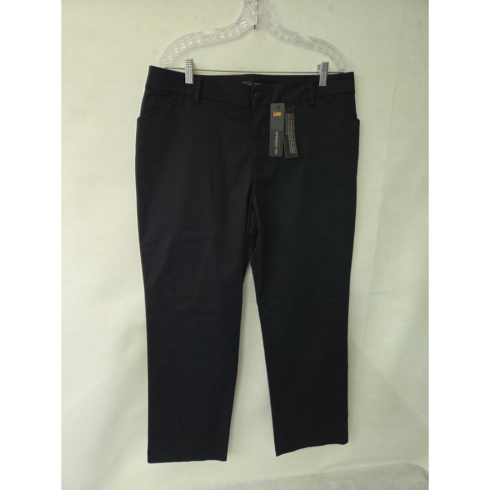 Lee Women Black Relaxed Fit Straight Leg Wrinkle Free Pants 16 Short 4637501 New